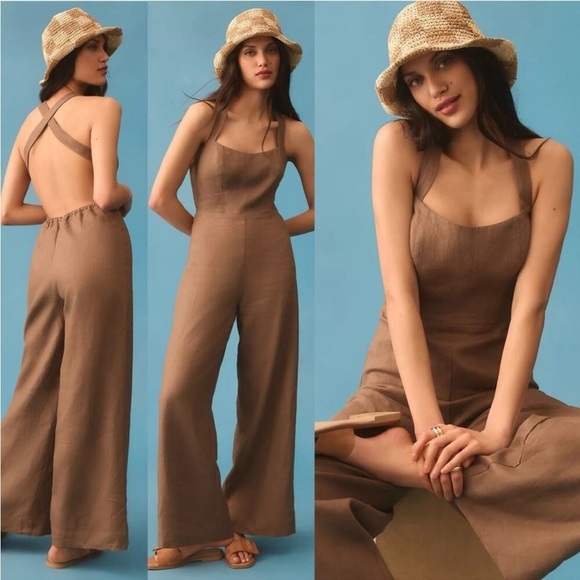 Reformation Autumn Linen Jumpsuit Taupe Tan Wide Leg Open Back 0 - Picture 1 of 8